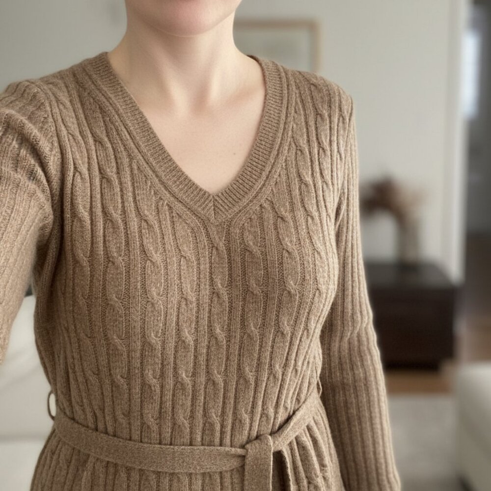 Abercrombie & Fitch Taupe Brown Cable Knit Midi Sweater Dress with Belt | Size L